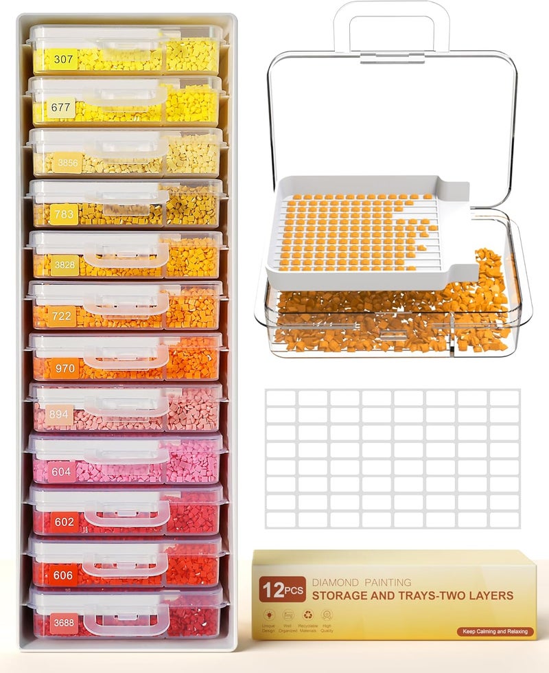 Redtwo 3-in-1 Diamond Painting Storage Containers Trays-12pcs, Unique Two Layers Diamond Art Accessories Trays with Lids, Beads & Drills Storage & Line-Up, with 143 Labels and 1 Rack - Image 1